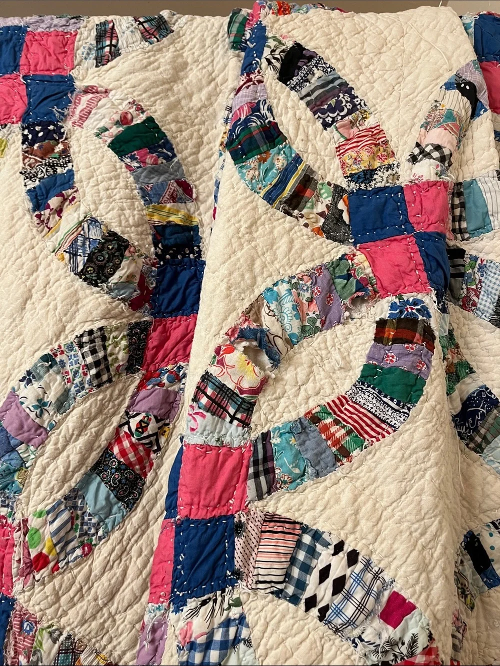 ANTIQUE DOUBLE WEDDING RING QUILT - Hand Pieced/Hand Quilted - Cotton